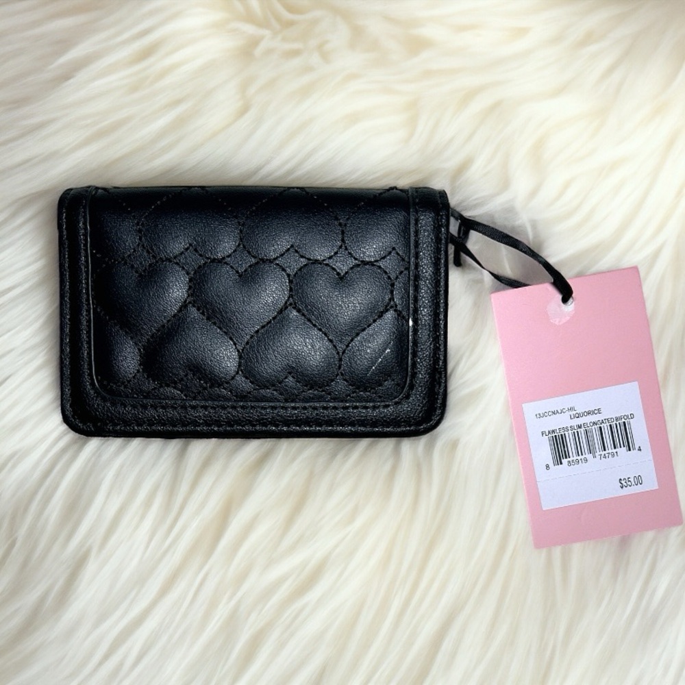 $35 Juicy Couture Flawless Slim Elongated Bifold Wallet Rhinestone Quilted Heart - Picture 3 of 8